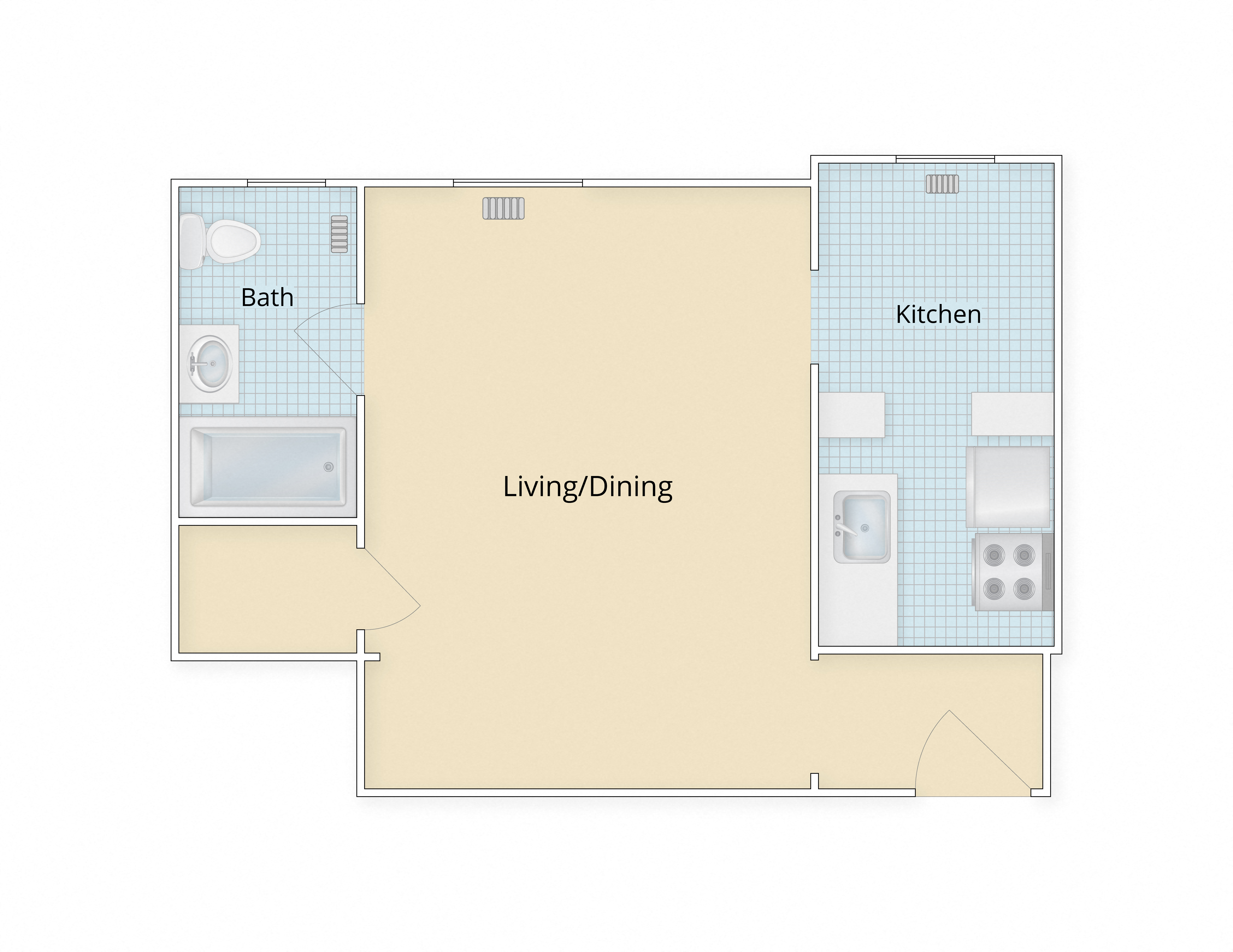 Floor plan for studio, 1 bath, 412 sqft
